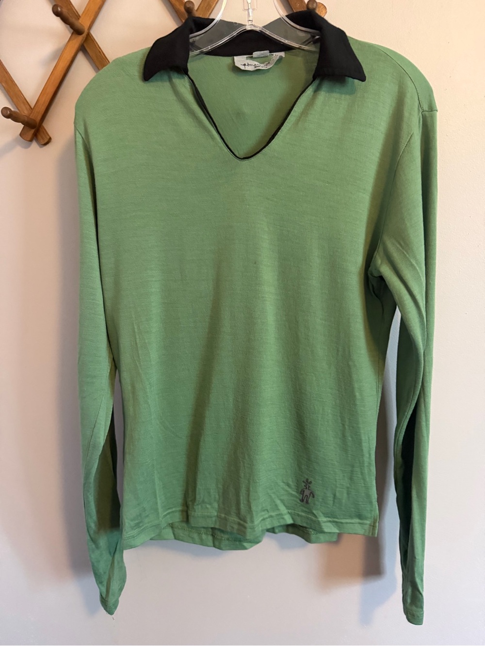Smartwool Merino Wool V-Neck Polo Top Green Black M